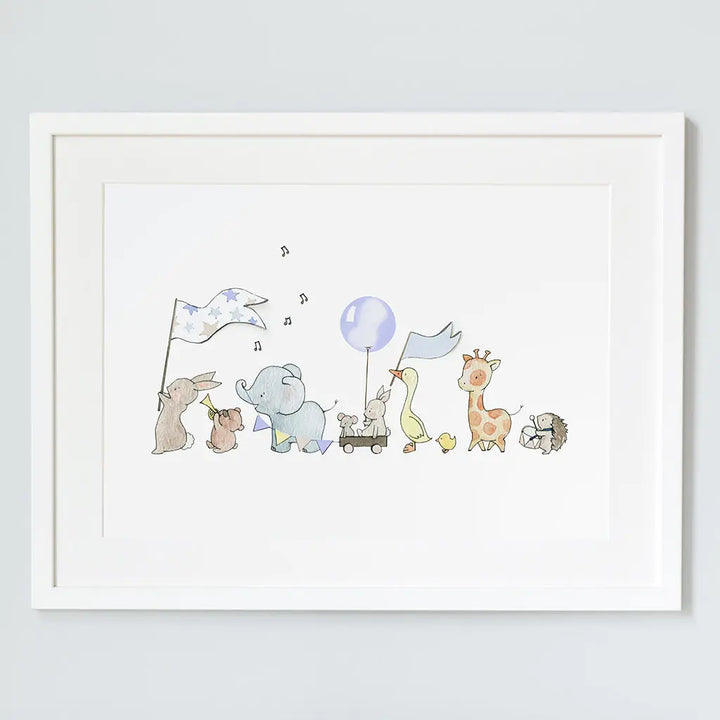 Picture "animals on parade" blue-Nursery art-Daisy & Bump-Blue Almonds-London-South Kensington