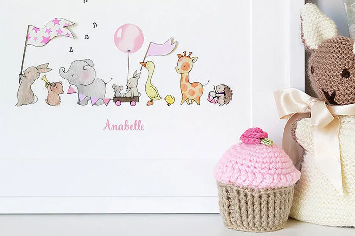 Picture "animals on parade" pink-Nursery art-Daisy & Bump-Blue Almonds-London-South Kensington