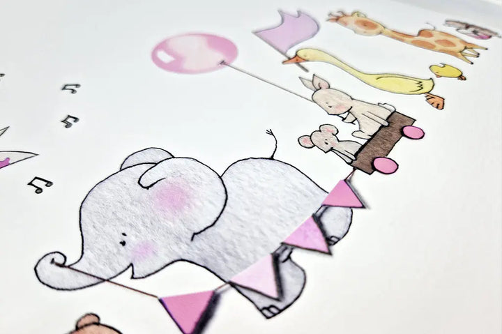 Picture "animals on parade" pink-Nursery art-Daisy & Bump-Blue Almonds-London-South Kensington