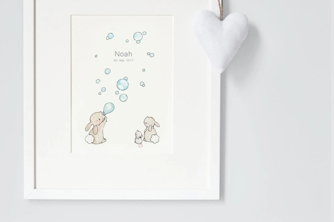 Picture "bunnies & bubbles" blue-Nursery art-Daisy & Bump-Blue Almonds-London-South Kensington