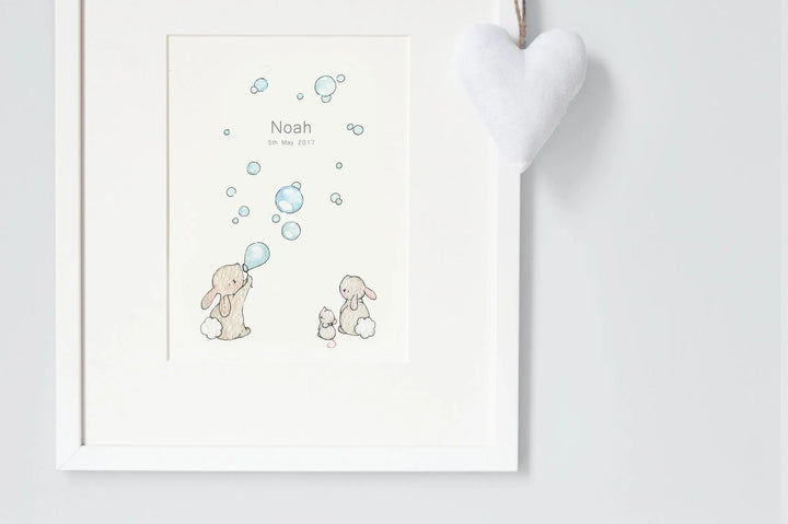 Picture "bunnies & bubbles" blue-Nursery art-Daisy & Bump-Blue Almonds-London-South Kensington