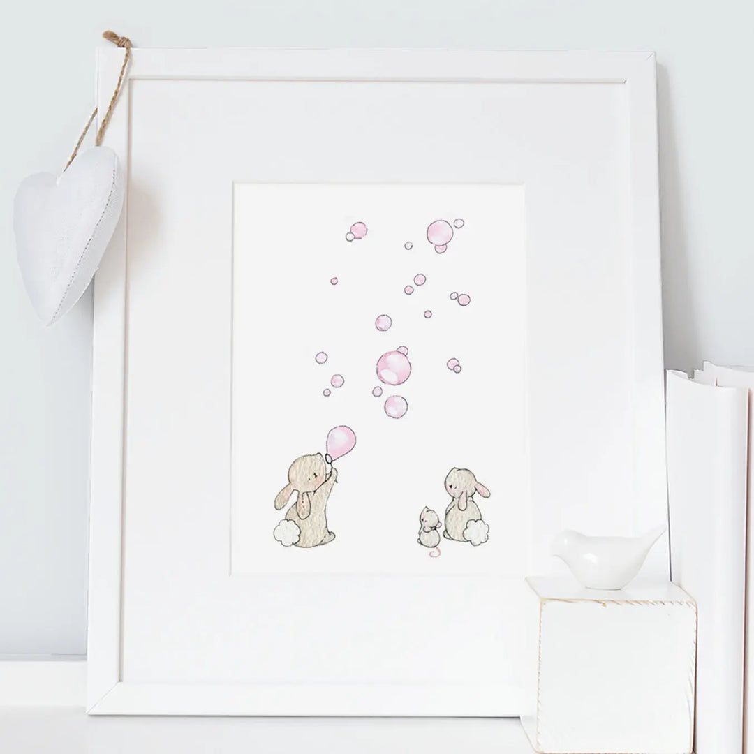 Picture "bunnies & bubbles" pink-Nursery art-Daisy & Bump-Blue Almonds-London-South Kensington