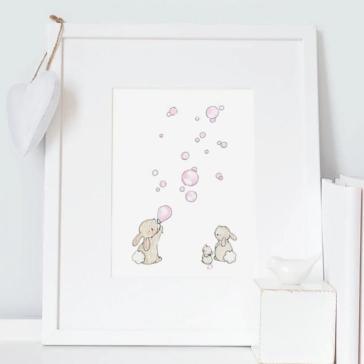 Picture "bunnies & bubbles" pink-Nursery art-Daisy & Bump-Blue Almonds-London-South Kensington