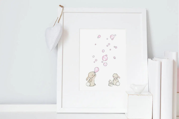 Picture "bunnies & bubbles" pink-Nursery art-Daisy & Bump-Blue Almonds-London-South Kensington