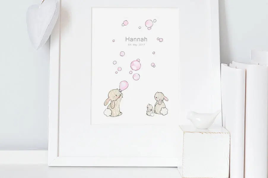 Picture "bunnies & bubbles" pink-Nursery art-Daisy & Bump-Blue Almonds-London-South Kensington