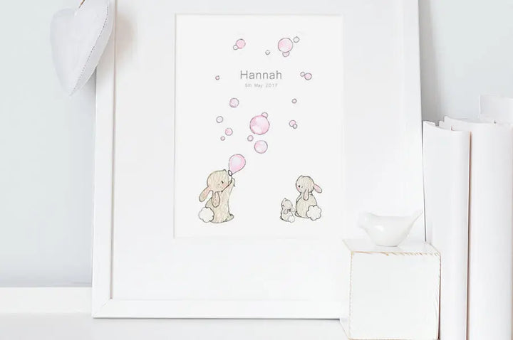 Picture "bunnies & bubbles" pink-Nursery art-Daisy & Bump-Blue Almonds-London-South Kensington