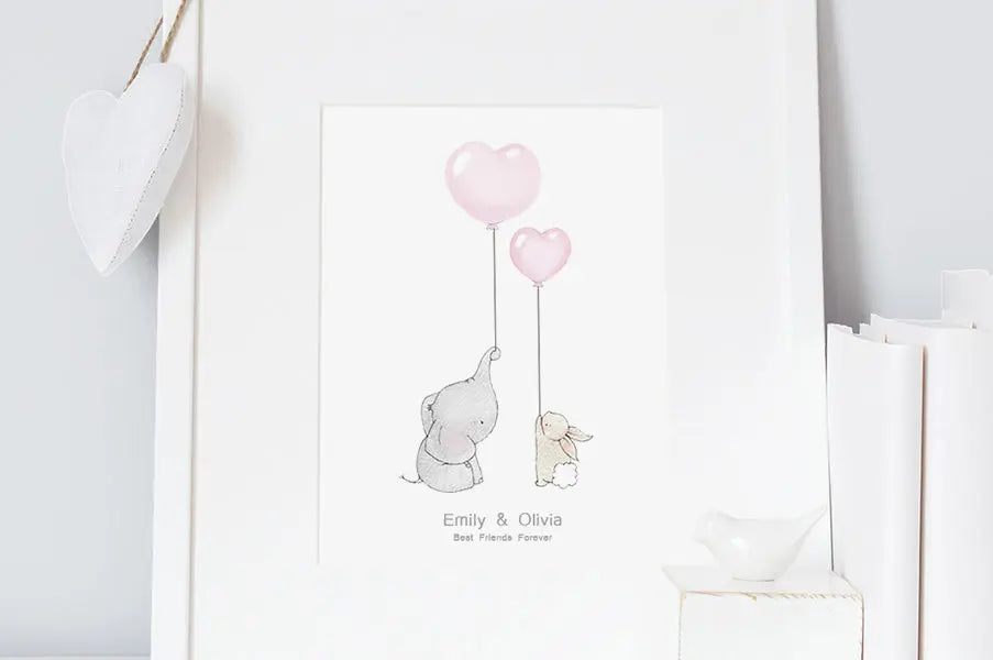 Picture "elephant & bunny best friends" hearts-Nursery art-Daisy & Bump-Blue Almonds-London-South Kensington