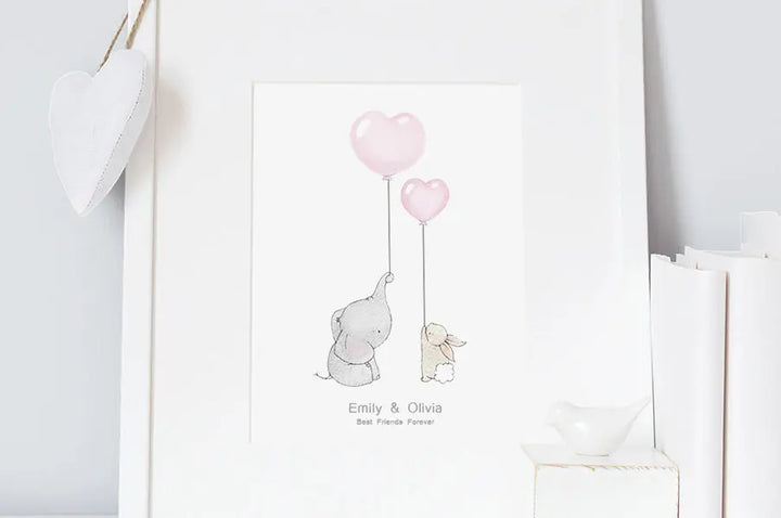 Picture "elephant & bunny best friends" hearts-Nursery art-Daisy & Bump-Blue Almonds-London-South Kensington