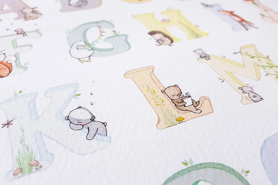 Picture "woodland alphabet" neutral-Nursery art-Daisy & Bump-Blue Almonds-London-South Kensington