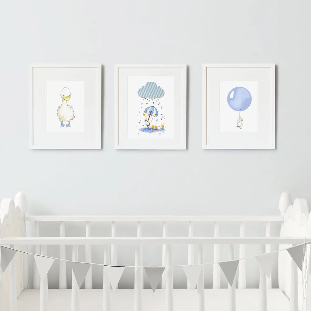 Picture set of 3 "puddle duck"-Nursery art-Daisy & Bump-Blue Almonds-London-South Kensington