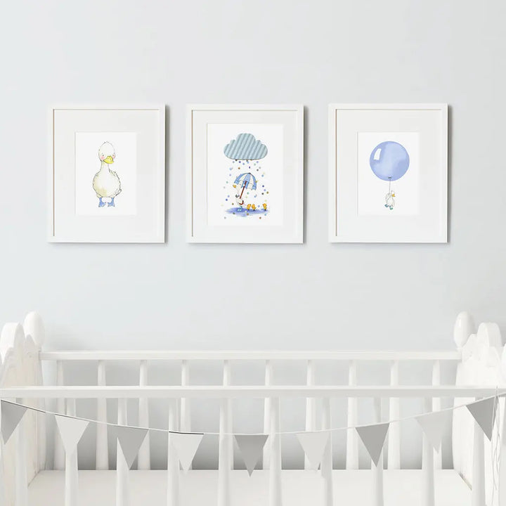 Picture set of 3 "puddle duck"-Nursery art-Daisy & Bump-Blue Almonds-London-South Kensington