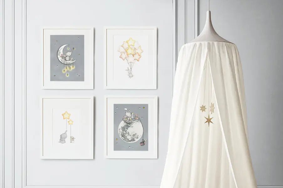 Picture set of 4 "moon and stars"-Nursery art-Daisy & Bump-Blue Almonds-London-South Kensington