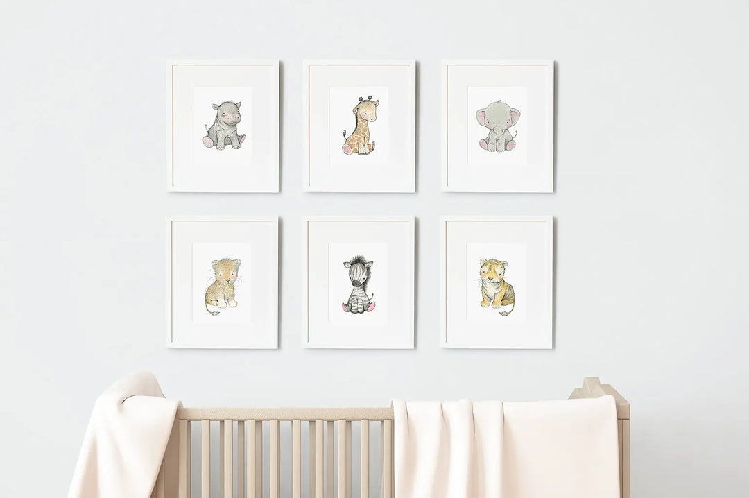 Picture set of 6 "safari babies"-Nursery art-Daisy & Bump-Blue Almonds-London-South Kensington