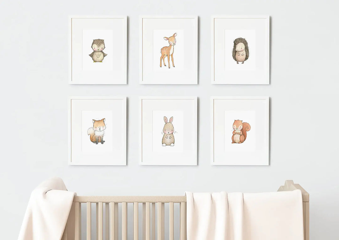 Picture set of 6 "woodland babies"-Nursery art-Daisy & Bump-Blue Almonds-London-South Kensington
