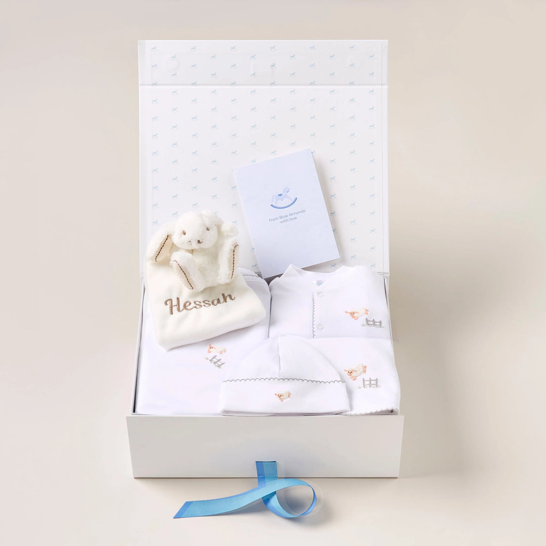 Blue Almonds Ltd Personalised Sheep Baby Gift Set – Grey Blue Almonds