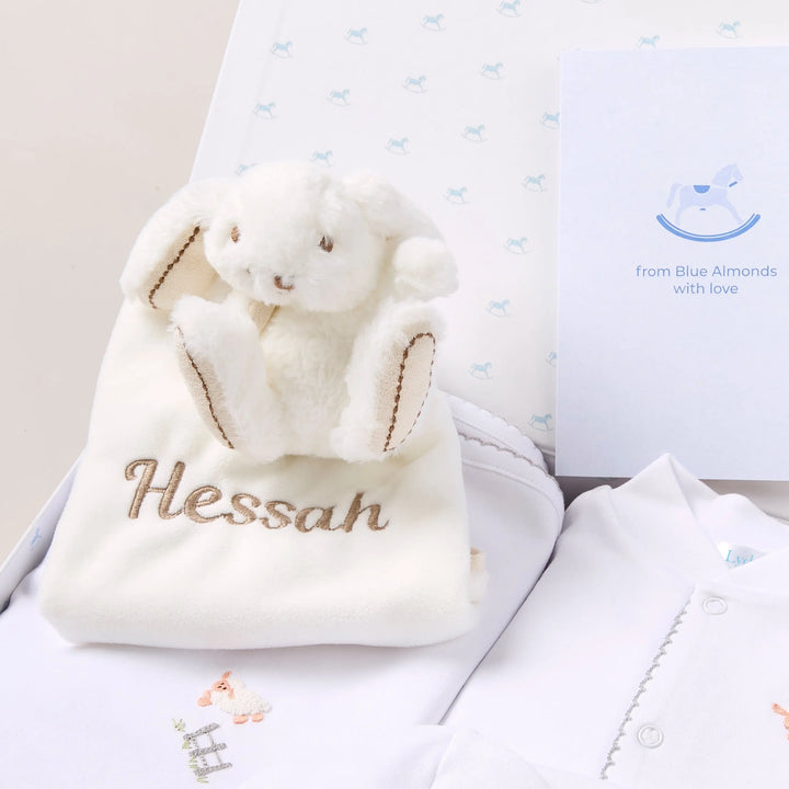 Blue Almonds Ltd Personalised Sheep Baby Gift Set – Grey Blue Almonds