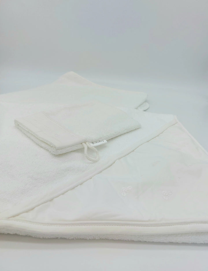 Blue Almonds Ltd Hooded towel & mitt "baby bees" white Gordonsbury