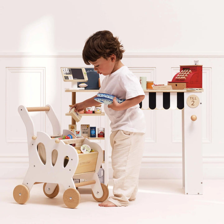 Blue Almonds Ltd Wooden Shopping Trolley & Cotton Bag Le Toy Van