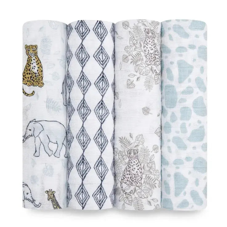Cotton muslin 4-pack "jungle"-Blankets & swaddling-aden + anais-Blue Almonds-London-South Kensington