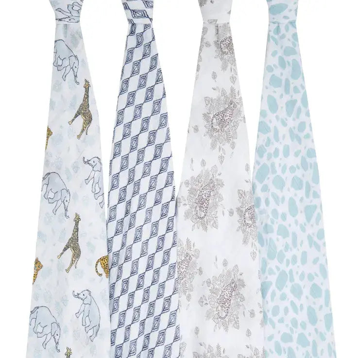 Cotton muslin 4-pack "jungle"-Blankets & swaddling-aden + anais-Blue Almonds-London-South Kensington
