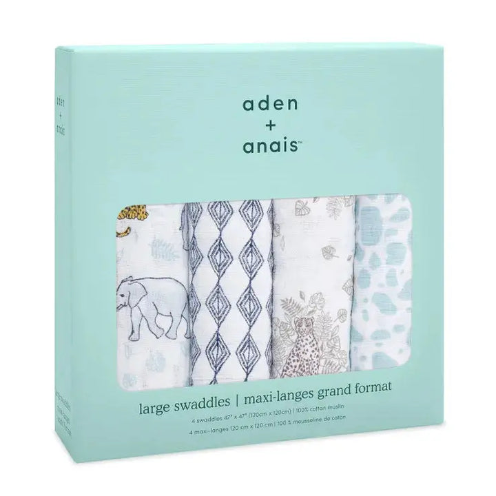 Cotton muslin 4-pack "jungle"-Blankets & swaddling-aden + anais-Blue Almonds-London-South Kensington