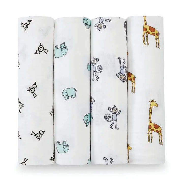 Cotton muslin 4-pack "jungle jam"-Blankets & swaddling-aden + anais-Blue Almonds-London-South Kensington