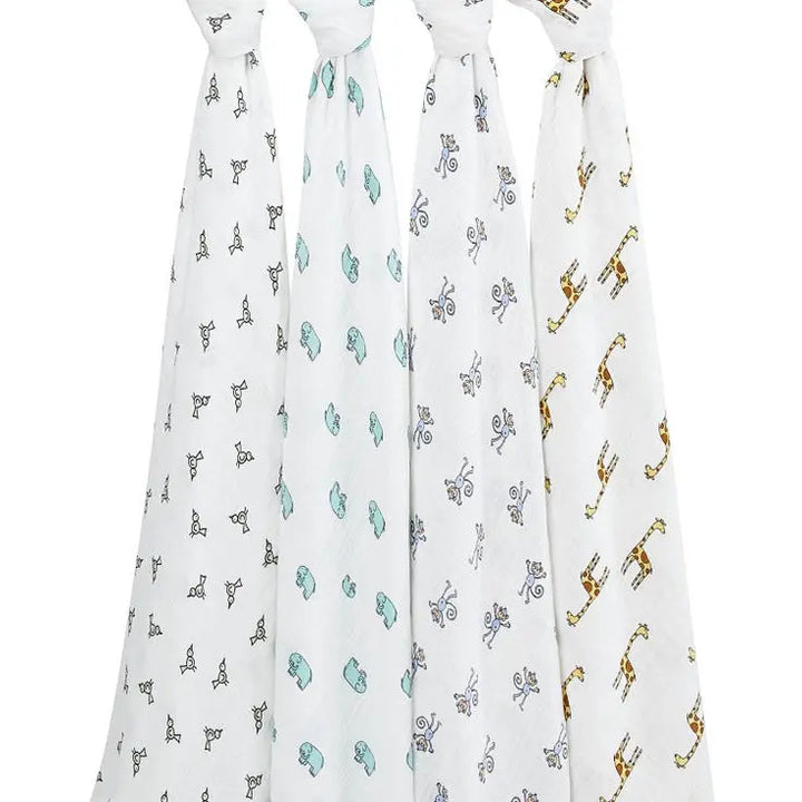Cotton muslin 4-pack "jungle jam"-Blankets & swaddling-aden + anais-Blue Almonds-London-South Kensington