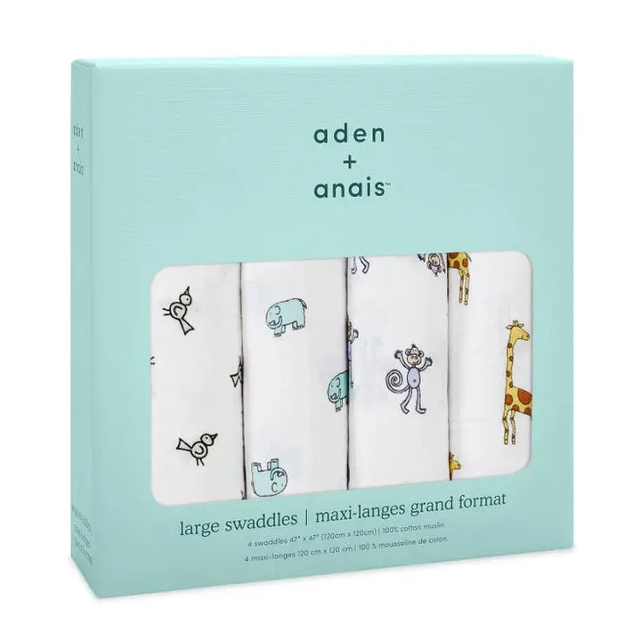 Cotton muslin 4-pack "jungle jam"-Blankets & swaddling-aden + anais-Blue Almonds-London-South Kensington