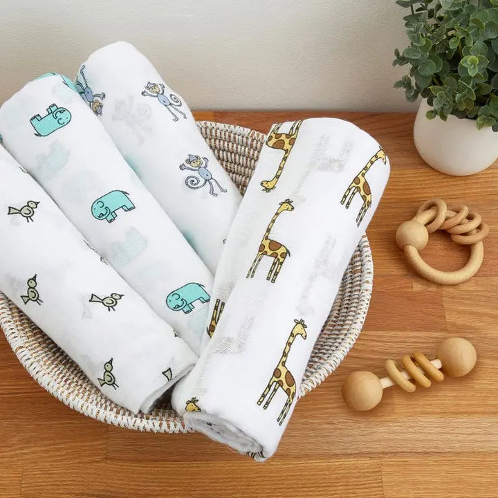 Cotton muslin 4-pack "jungle jam"-Blankets & swaddling-aden + anais-Blue Almonds-London-South Kensington