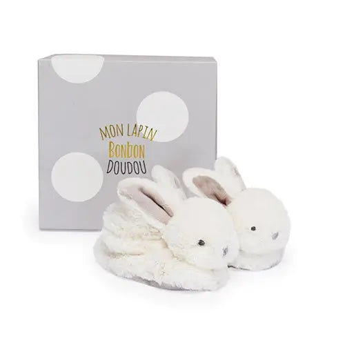 Plush rattle baby booties - beige-Booties, mittens & hats-Doudou Compagnie-Blue Almonds-London-South Kensington