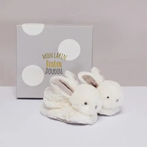 Plush rattle baby booties - beige-Booties, mittens & hats-Doudou Compagnie-Blue Almonds-London-South Kensington