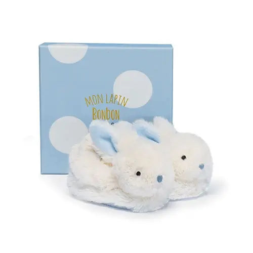 Plush rattle baby booties - blue-Booties, mittens & hats-Doudou Compagnie-Blue Almonds-London-South Kensington