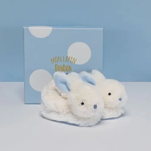 Plush rattle baby booties - blue-Booties, mittens & hats-Doudou Compagnie-Blue Almonds-London-South Kensington