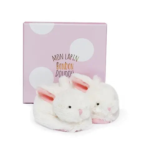 Plush rattle baby booties - pink-Booties, mittens & hats-Doudou Compagnie-Blue Almonds-London-South Kensington
