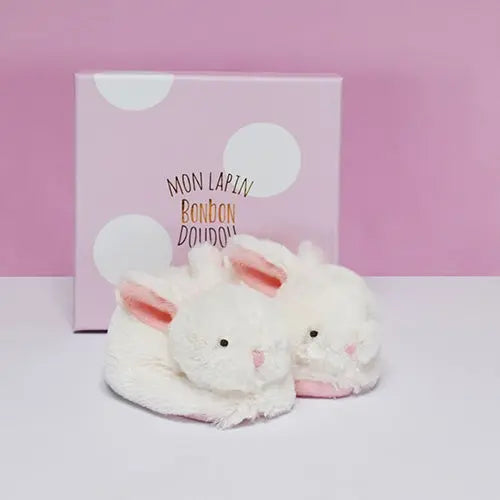 Plush rattle baby booties - pink-Booties, mittens & hats-Doudou Compagnie-Blue Almonds-London-South Kensington