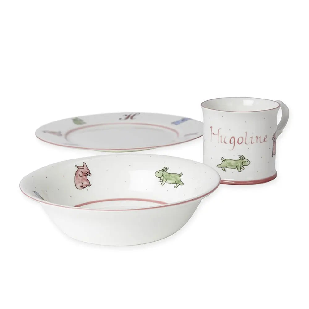 Personalised 3-piece ceramic set bunnies pink-Dining sets-Blue Almonds-Blue Almonds-London-South Kensington