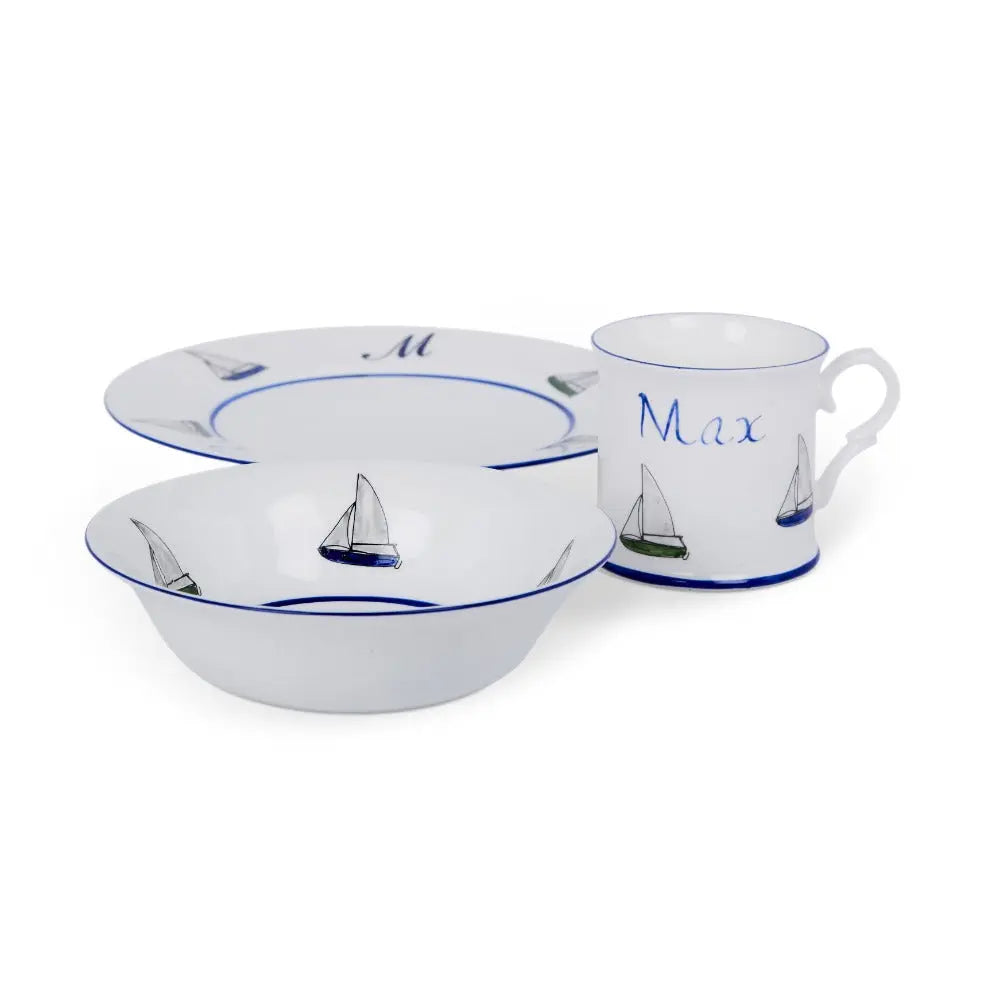 Personalised 3-piece ceramic set sailing boat-Dining sets-Blue Almonds-Blue Almonds-London-South Kensington
