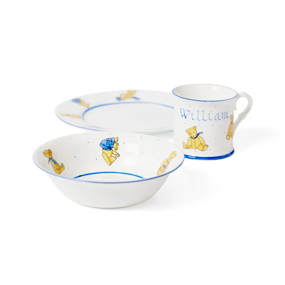 Personalised 3-piece ceramic set teddies blue-Dining sets-Blue Almonds-Blue Almonds-London-South Kensington