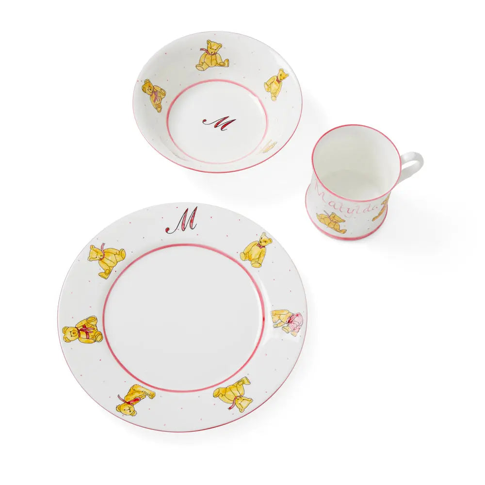 Personalised 3-piece ceramic set teddies pink-Dining sets-Blue Almonds-Blue Almonds-London-South Kensington