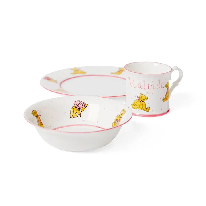 Personalised 3-piece ceramic set teddies pink-Dining sets-Blue Almonds-Blue Almonds-London-South Kensington