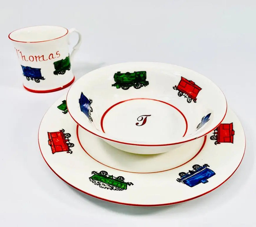 Personalised 3-piece ceramic set trains-Dining sets-Blue Almonds-Blue Almonds-London-South Kensington