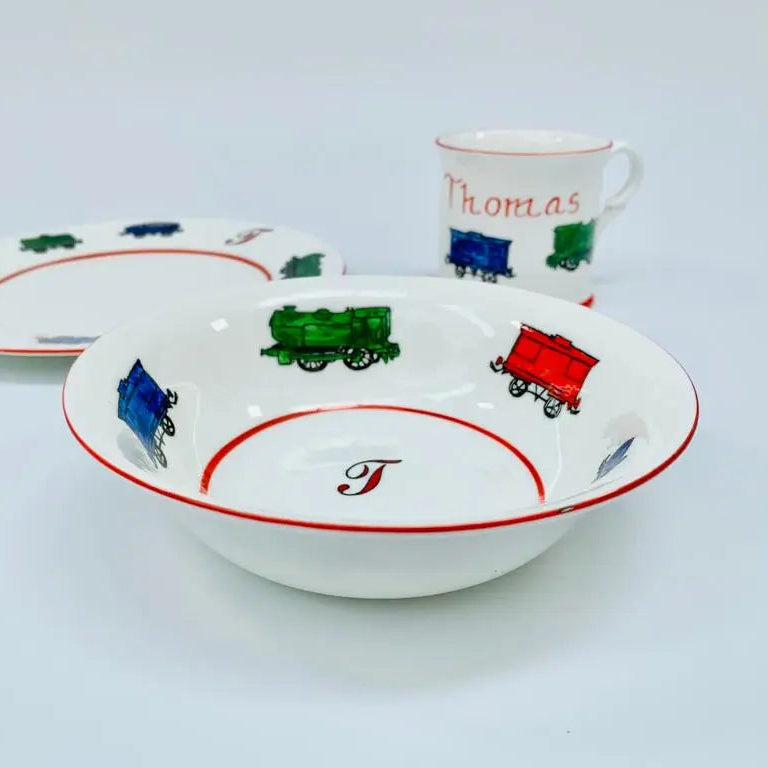 Personalised 3-piece ceramic set trains-Dining sets-Blue Almonds-Blue Almonds-London-South Kensington