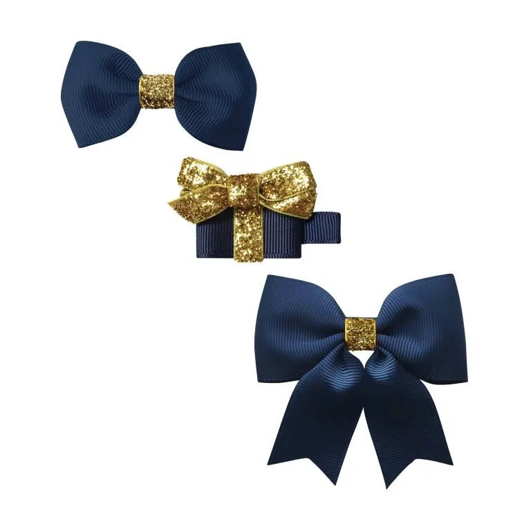 Set of 3 bows Xmas collections navy-Hair accessories-Milledeux-Blue Almonds-London-South Kensington