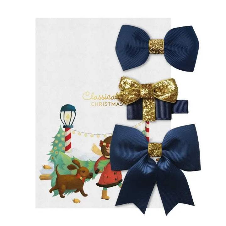Set of 3 bows Xmas collections navy-Hair accessories-Milledeux-Blue Almonds-London-South Kensington