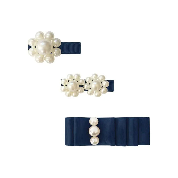 Set of 3 pearl clips navy-Hair accessories-Milledeux-Blue Almonds-London-South Kensington