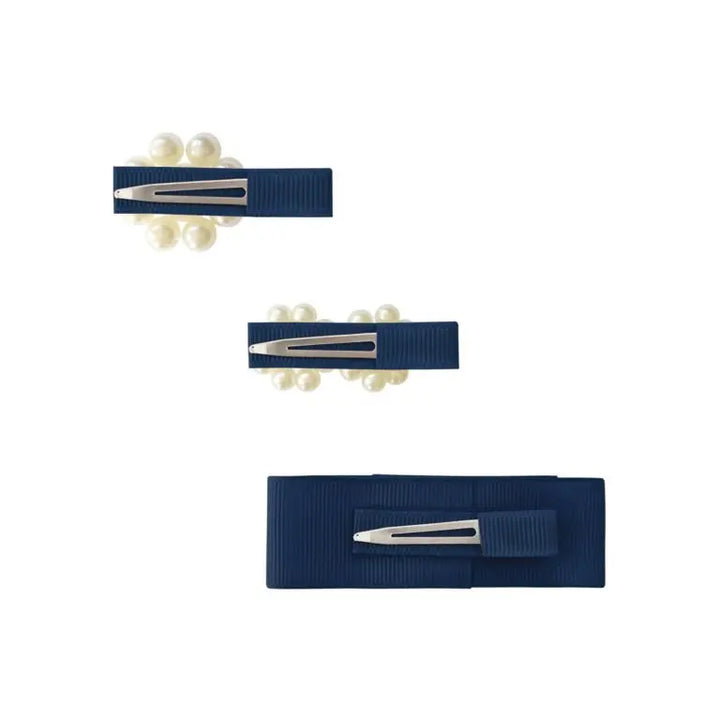 Set of 3 pearl clips navy-Hair accessories-Milledeux-Blue Almonds-London-South Kensington