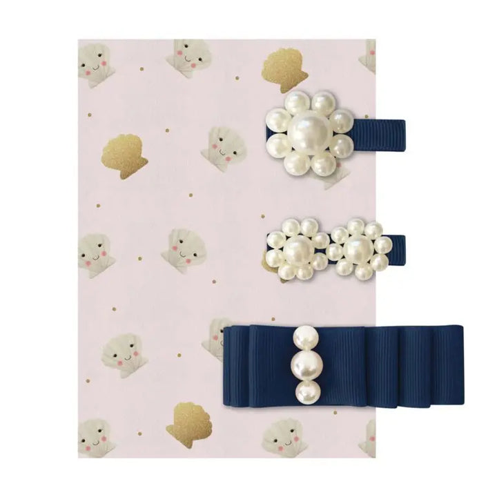Set of 3 pearl clips navy-Hair accessories-Milledeux-Blue Almonds-London-South Kensington