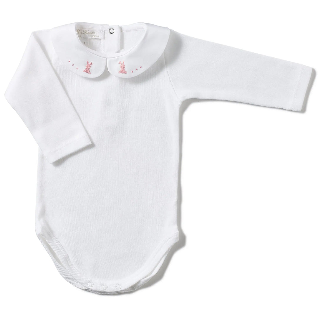 Long- sleeve body embroidered bunny pink-Layette-Ferrari Mariella-Blue Almonds-London-South Kensington