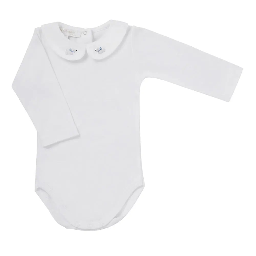 Long- sleeve body embroidered dog blue-Layette-Ferrari Mariella-Blue Almonds-London-South Kensington