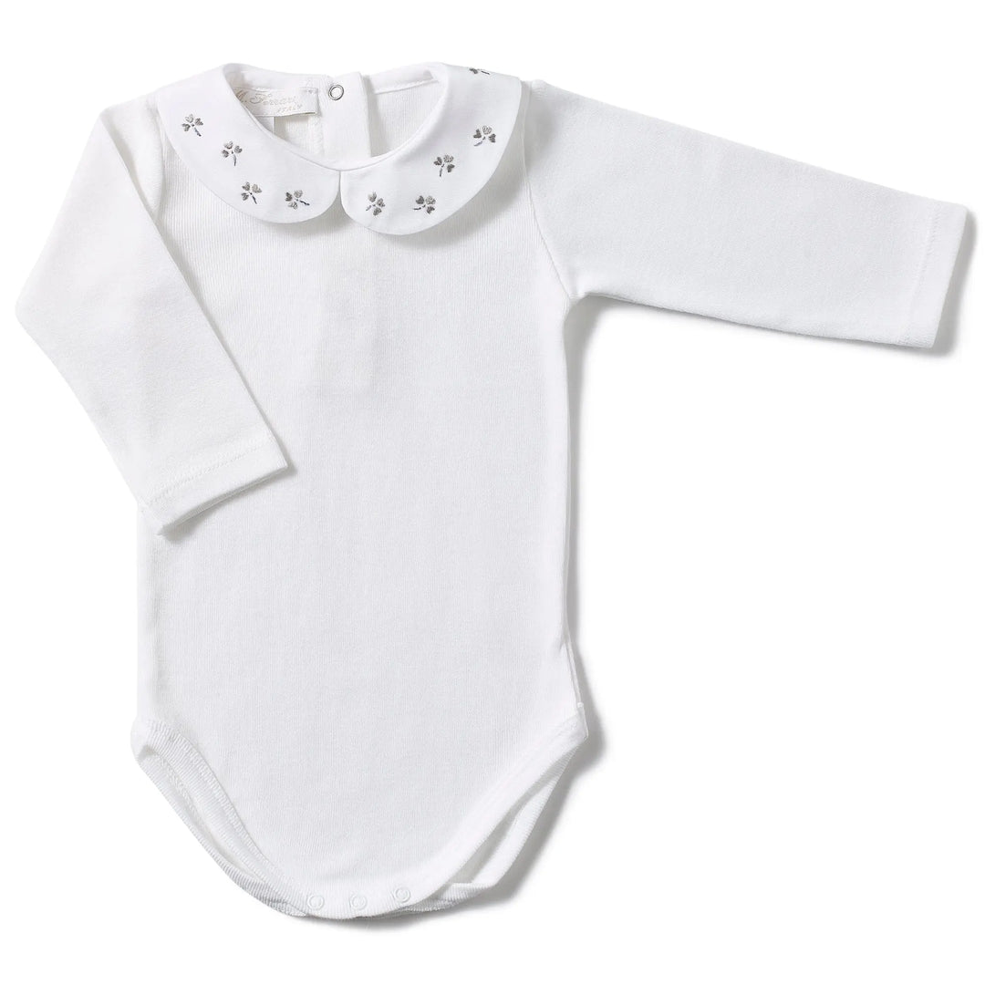 Long- sleeve body embroidered flowers grey-Layette-Ferrari Mariella-Blue Almonds-London-South Kensington